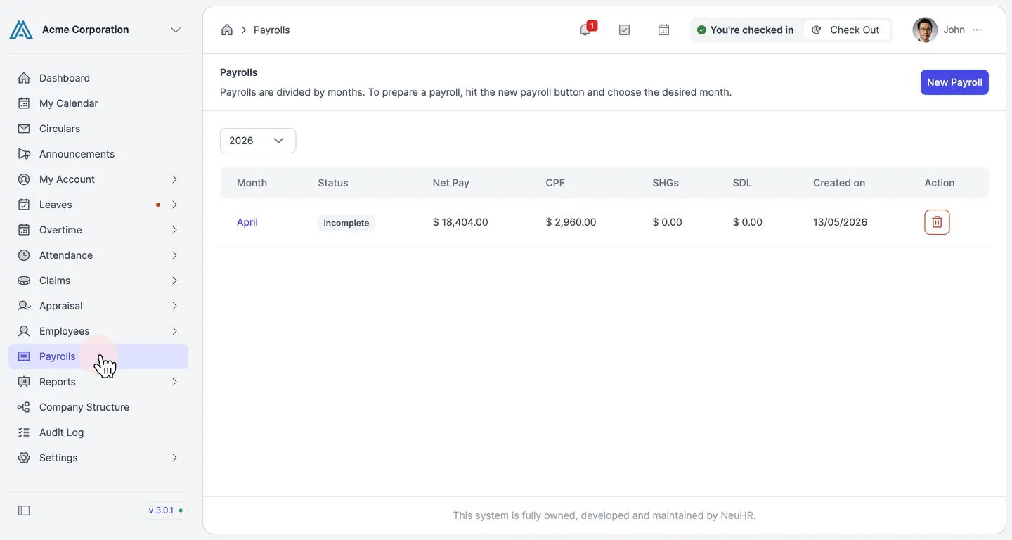 Click Payrolls in the sidebar
