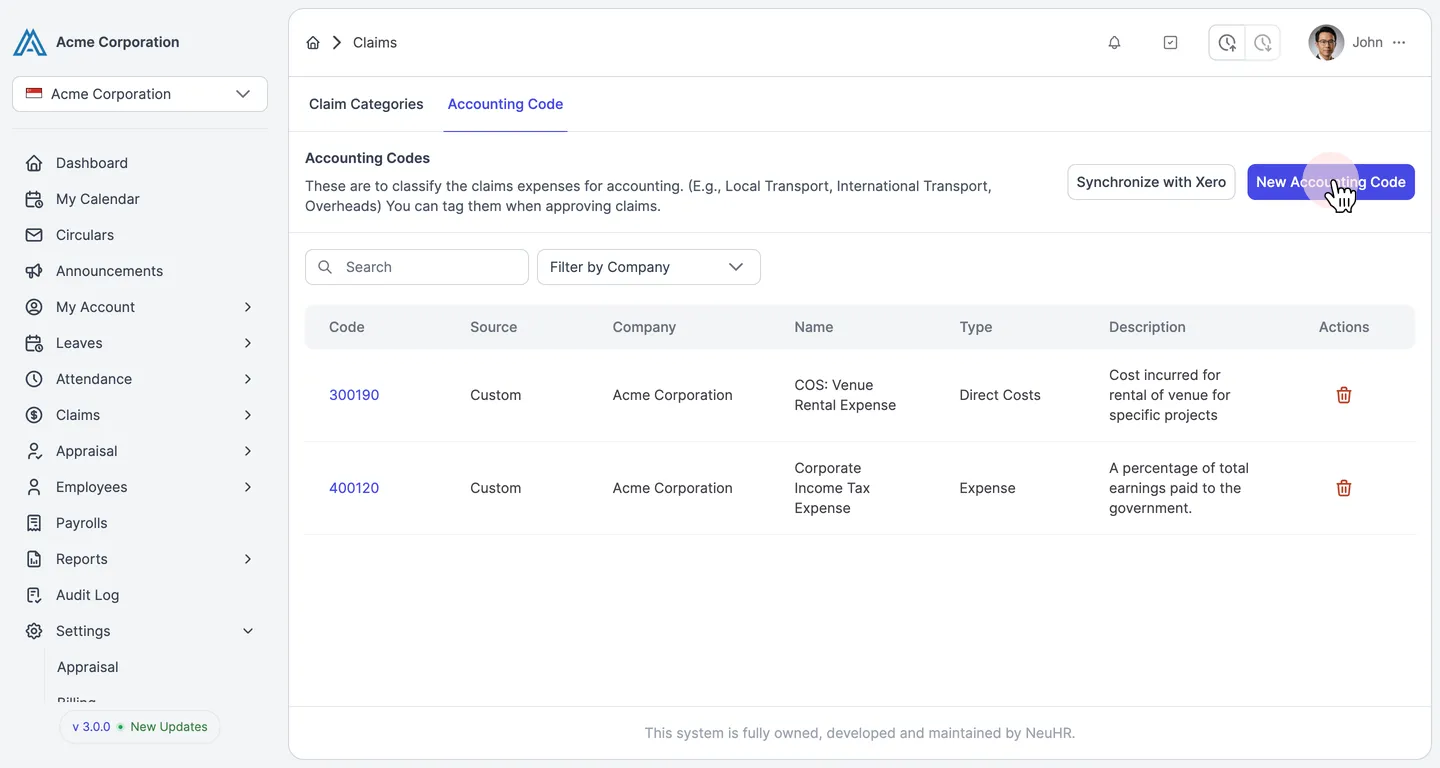 Navigate to create new accounting code