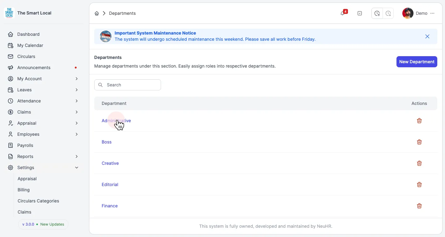 Navigate to Departments