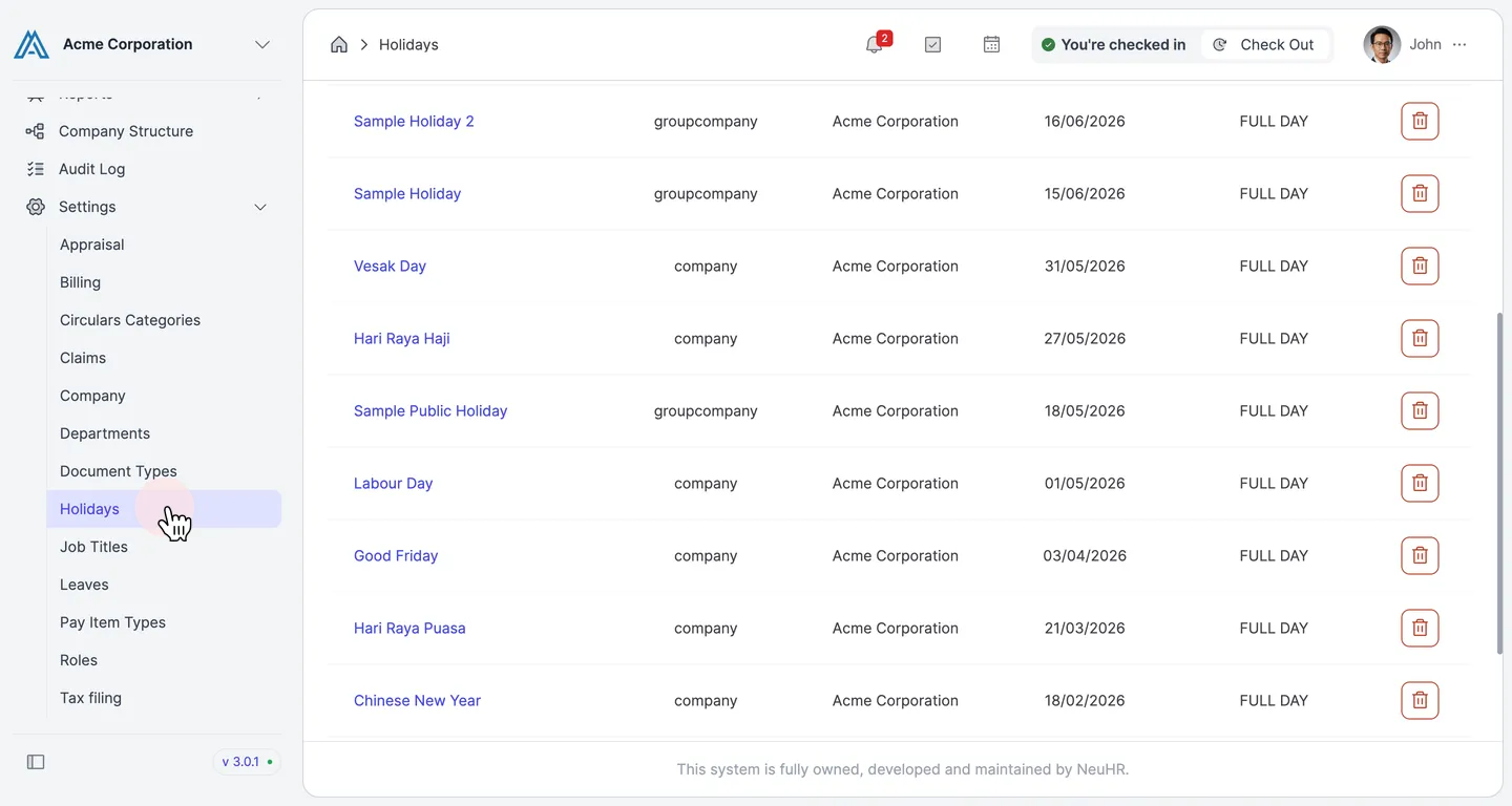 Navigate to Settings > Holidays
