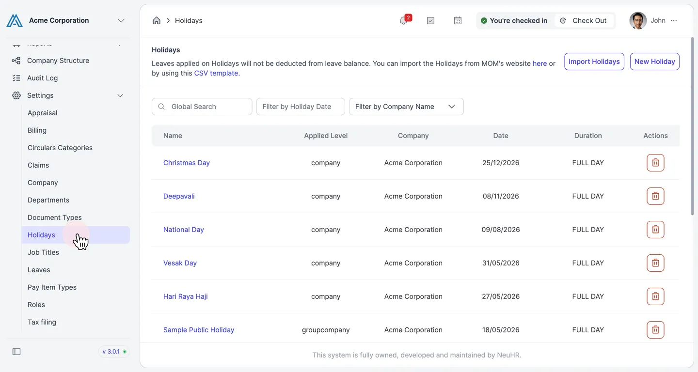 Navigate to Settings > Holidays
