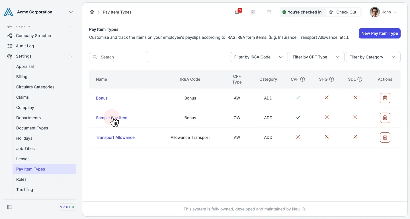 The Pay Item Types list with Sample Pay Item highlighted