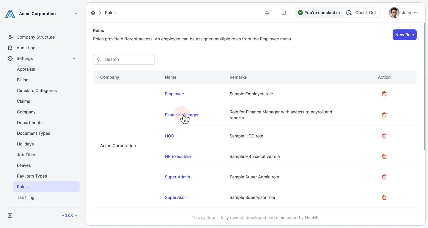 Roles listing page with a role name link