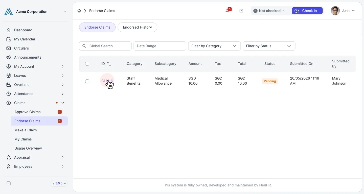 Endorse Claims listing with a pending claim