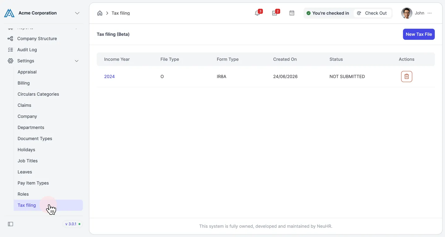 Navigate to Tax filing in sidebar