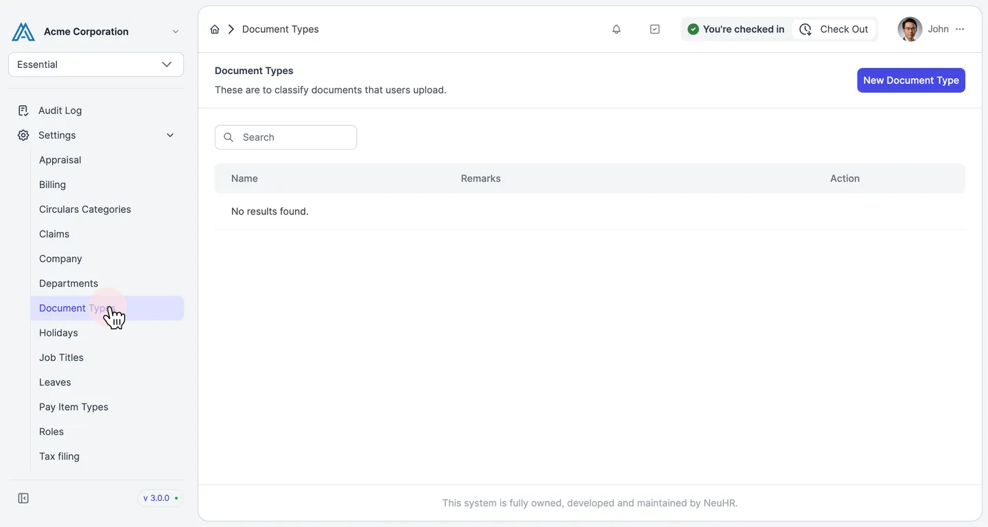 Sidebar with Settings expanded showing Document Types