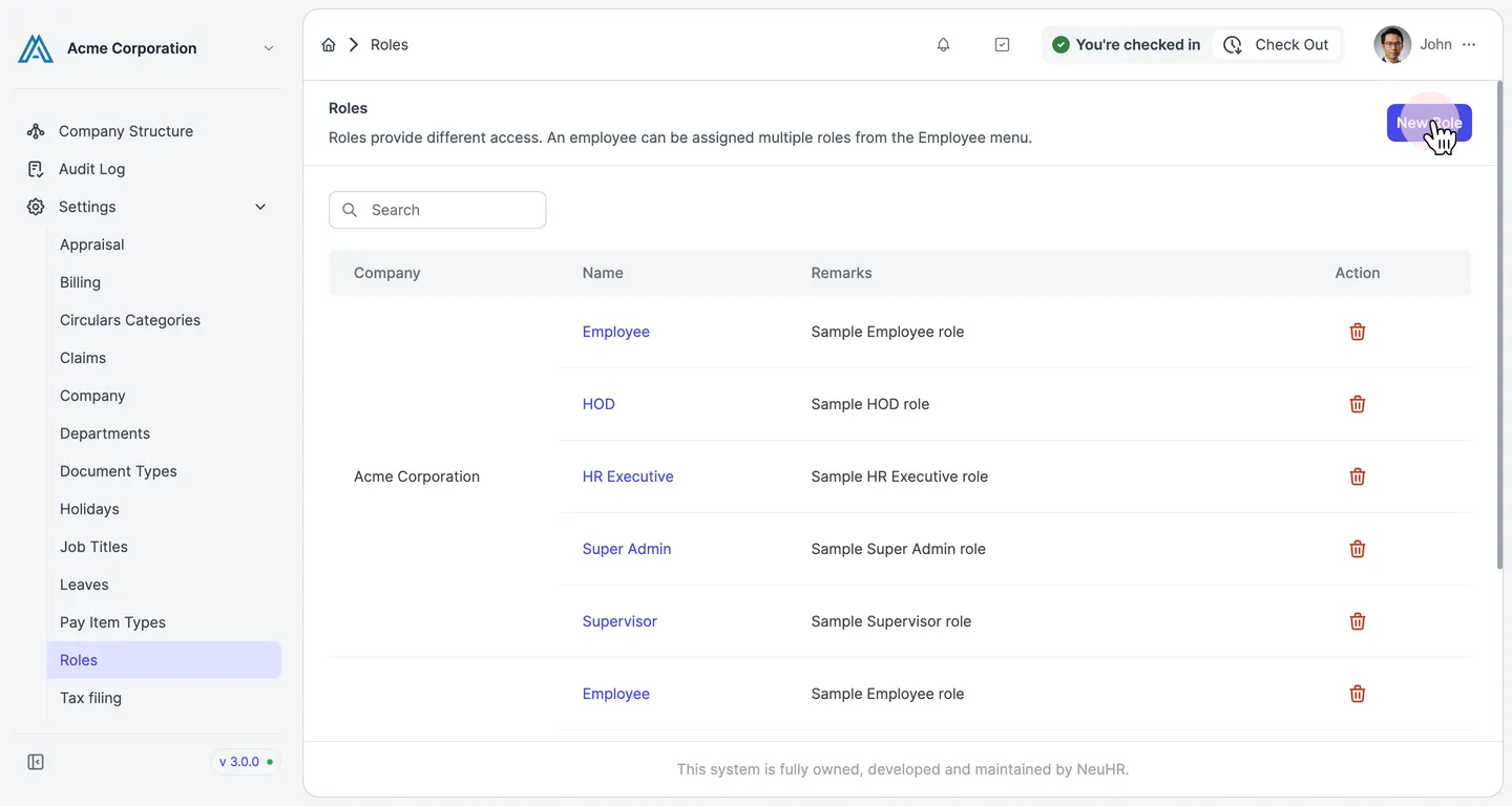 Roles listing page with New Role button