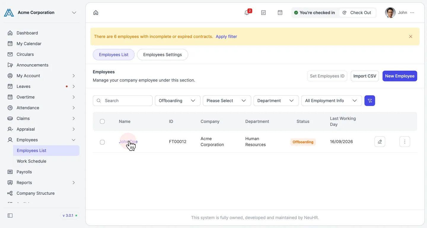 Employees List filtered to Offboarding status with pointer on John Doe's name