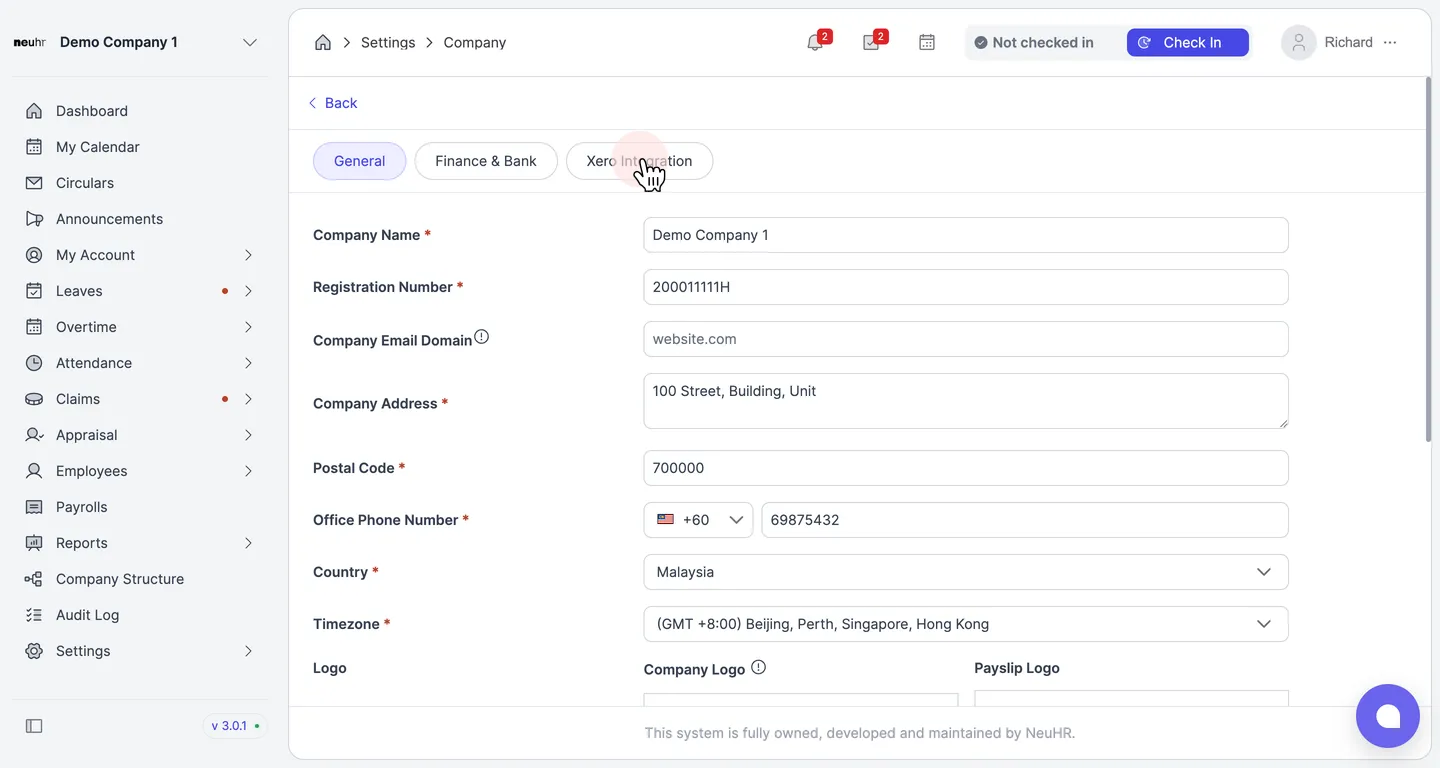 Click the Xero Integration tab