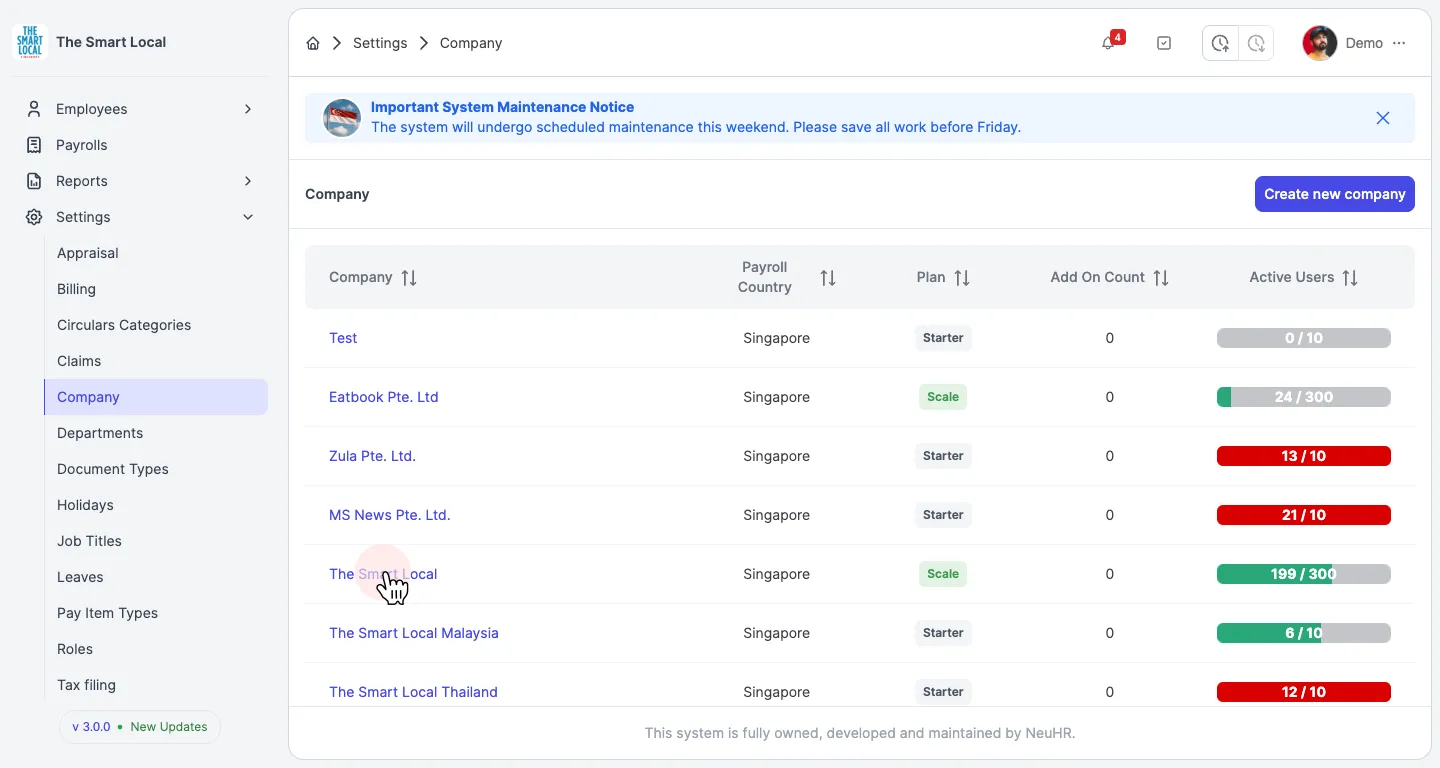 Company settings page