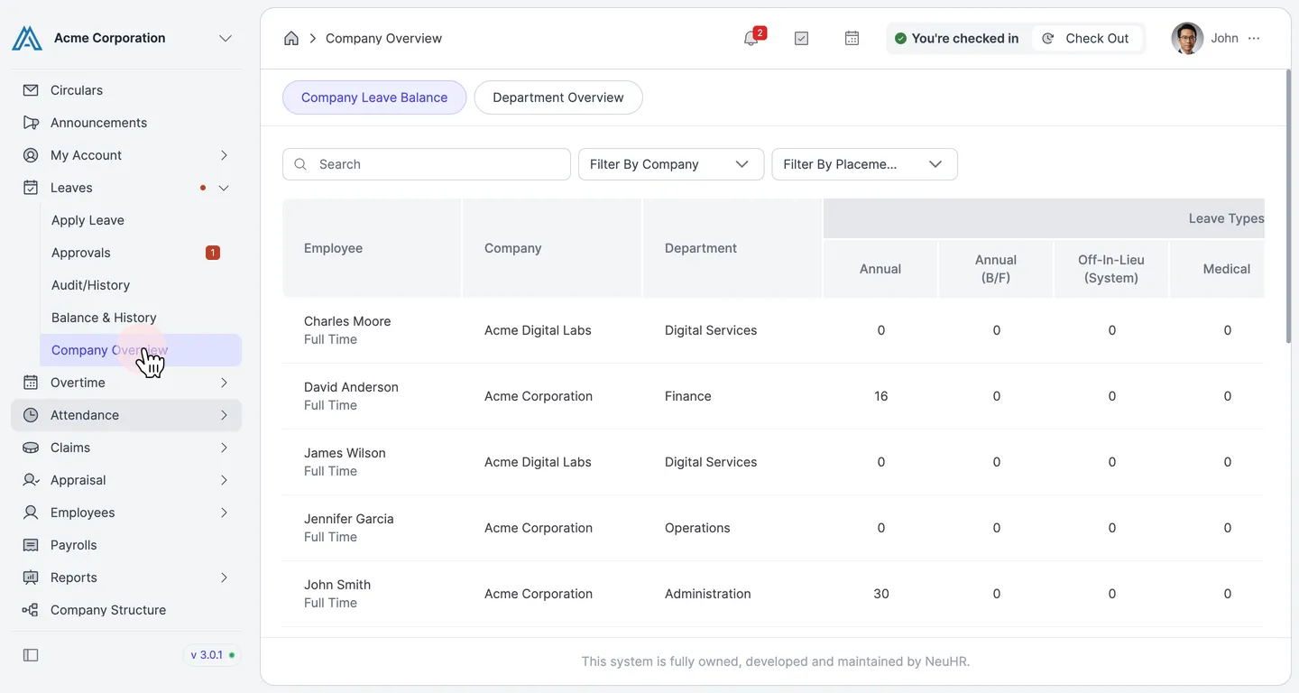 Navigate to Leaves > Company Overview