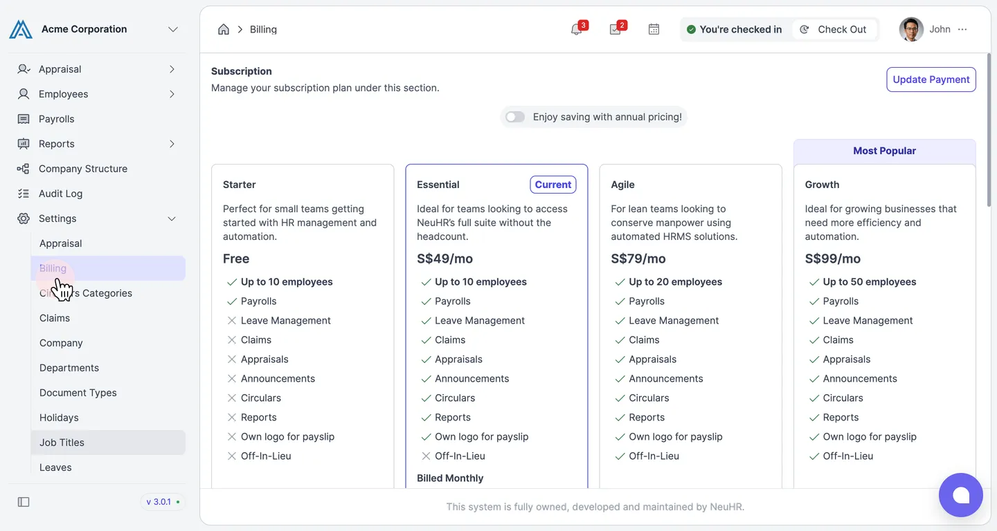 Subscription page showing available plans