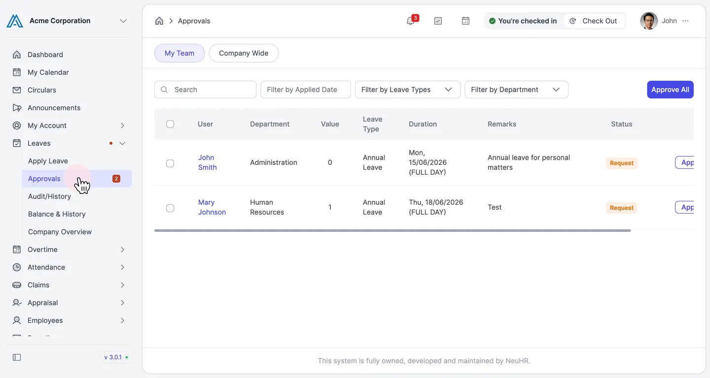 The left sidebar with Leaves expanded and the Approvals item highlighted