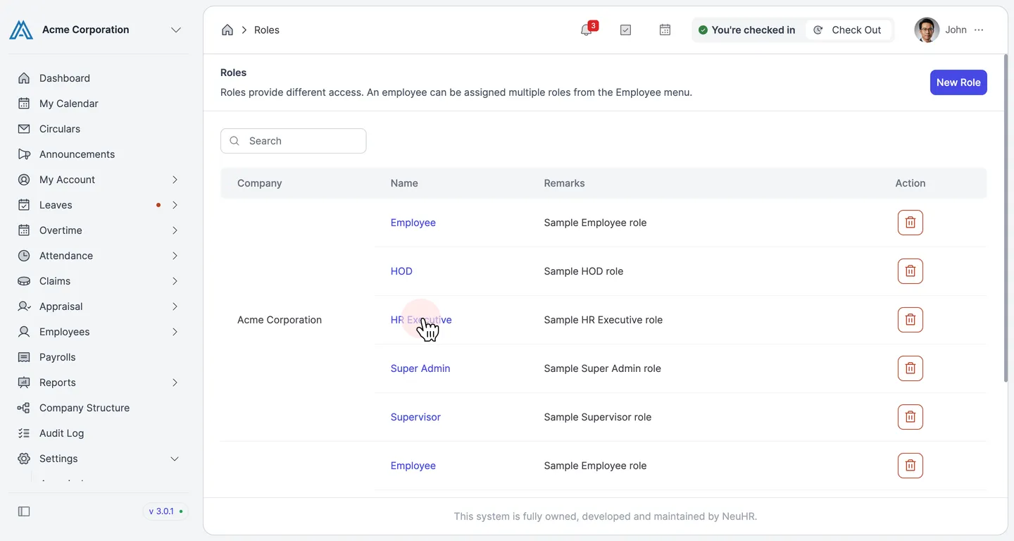 Roles list showing available roles including HR Executive