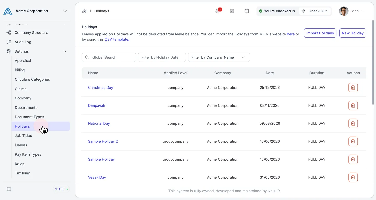 Navigate to Settings > Holidays