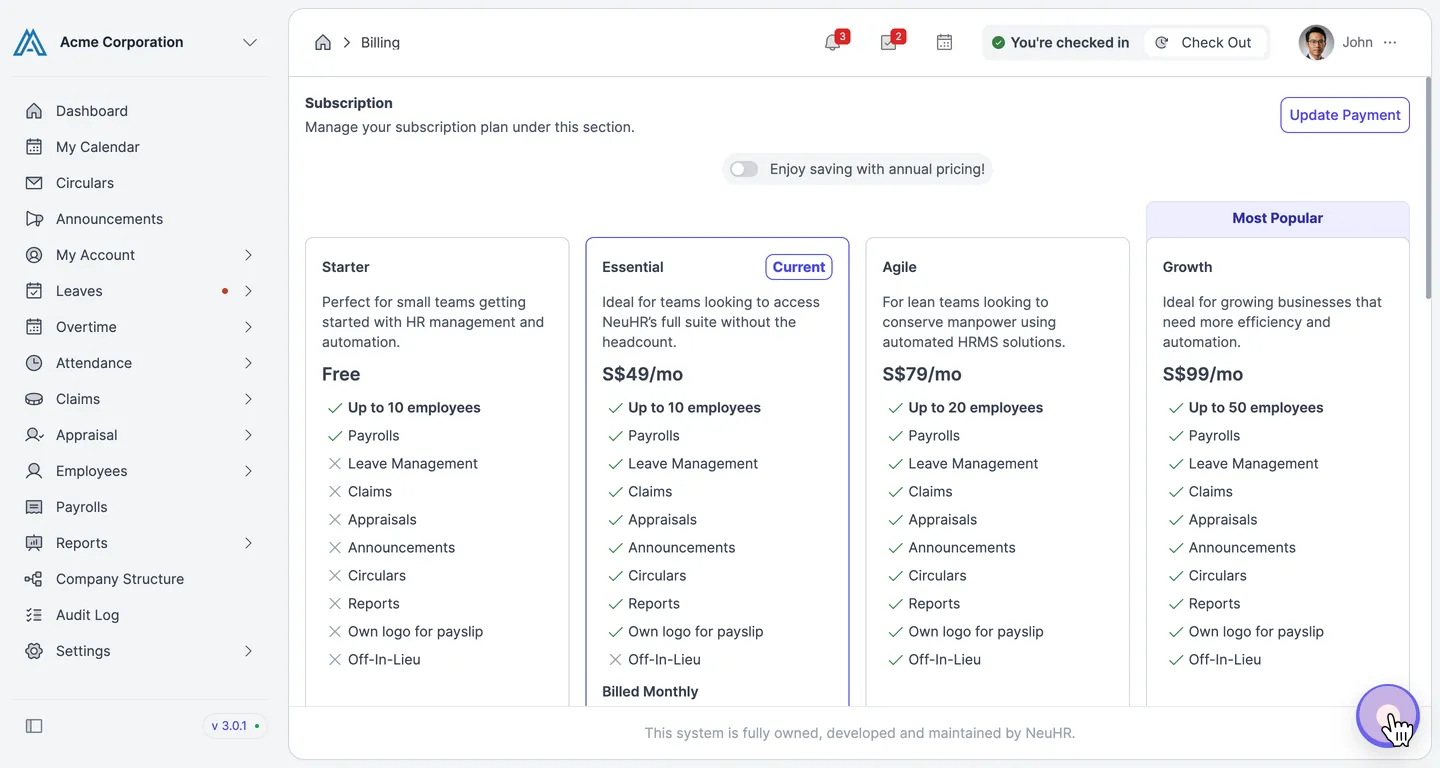Subscription page showing available plans
