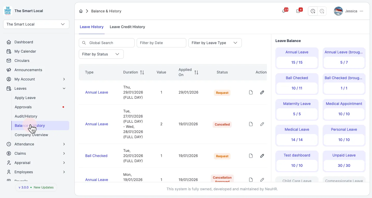 Navigate to Balance & History and locate the leave application