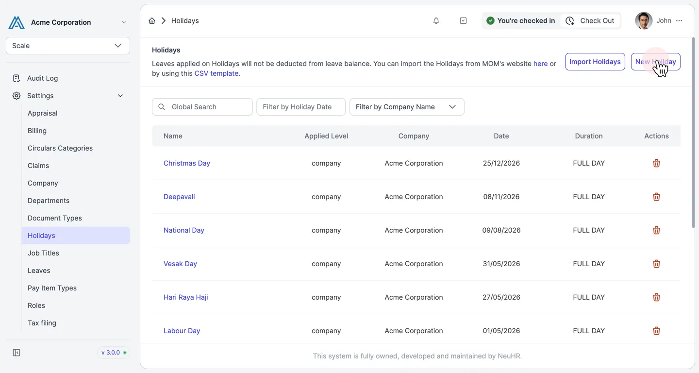 Holidays listing page with New Holiday button