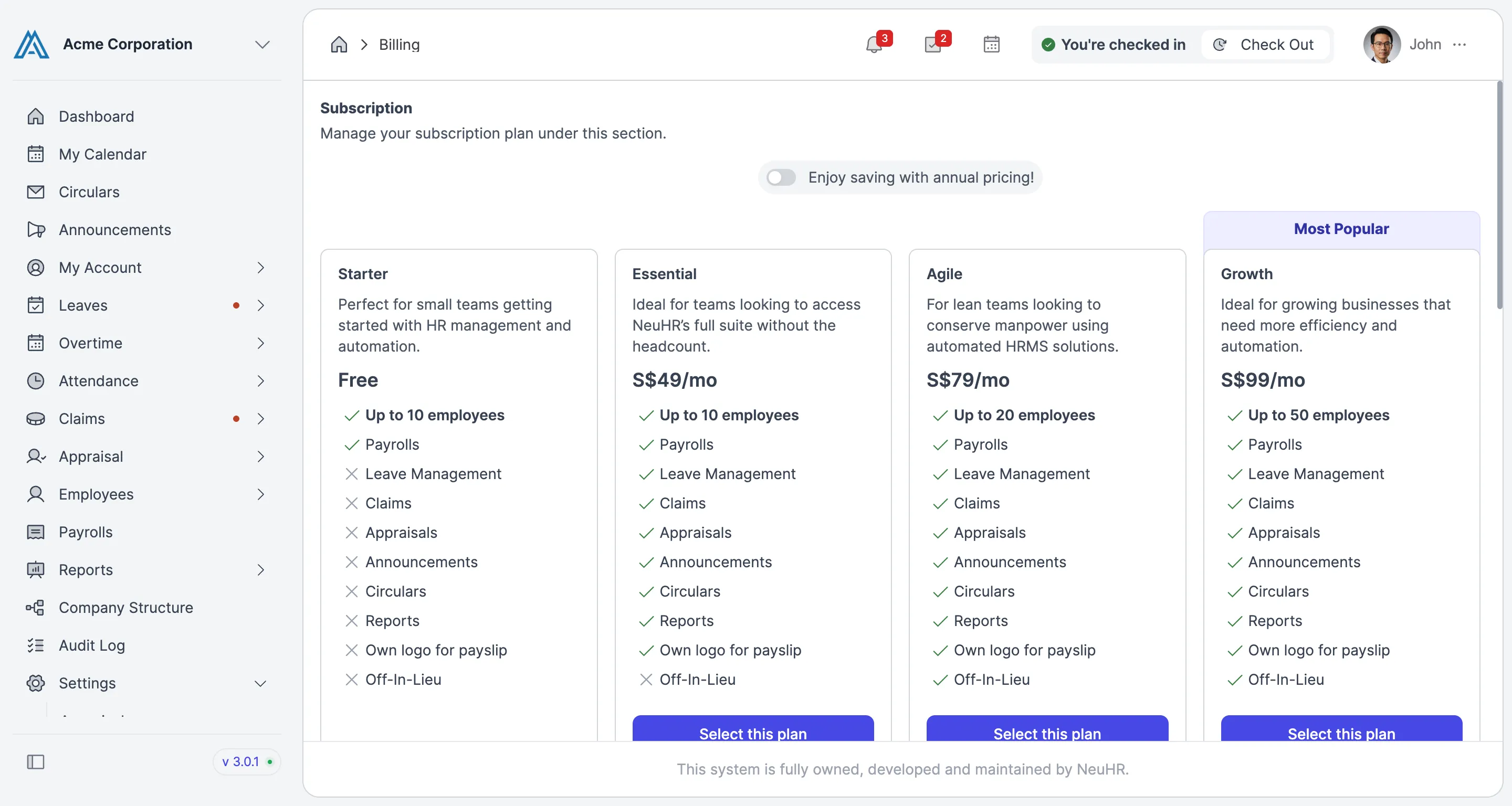 Billing page subscription plans