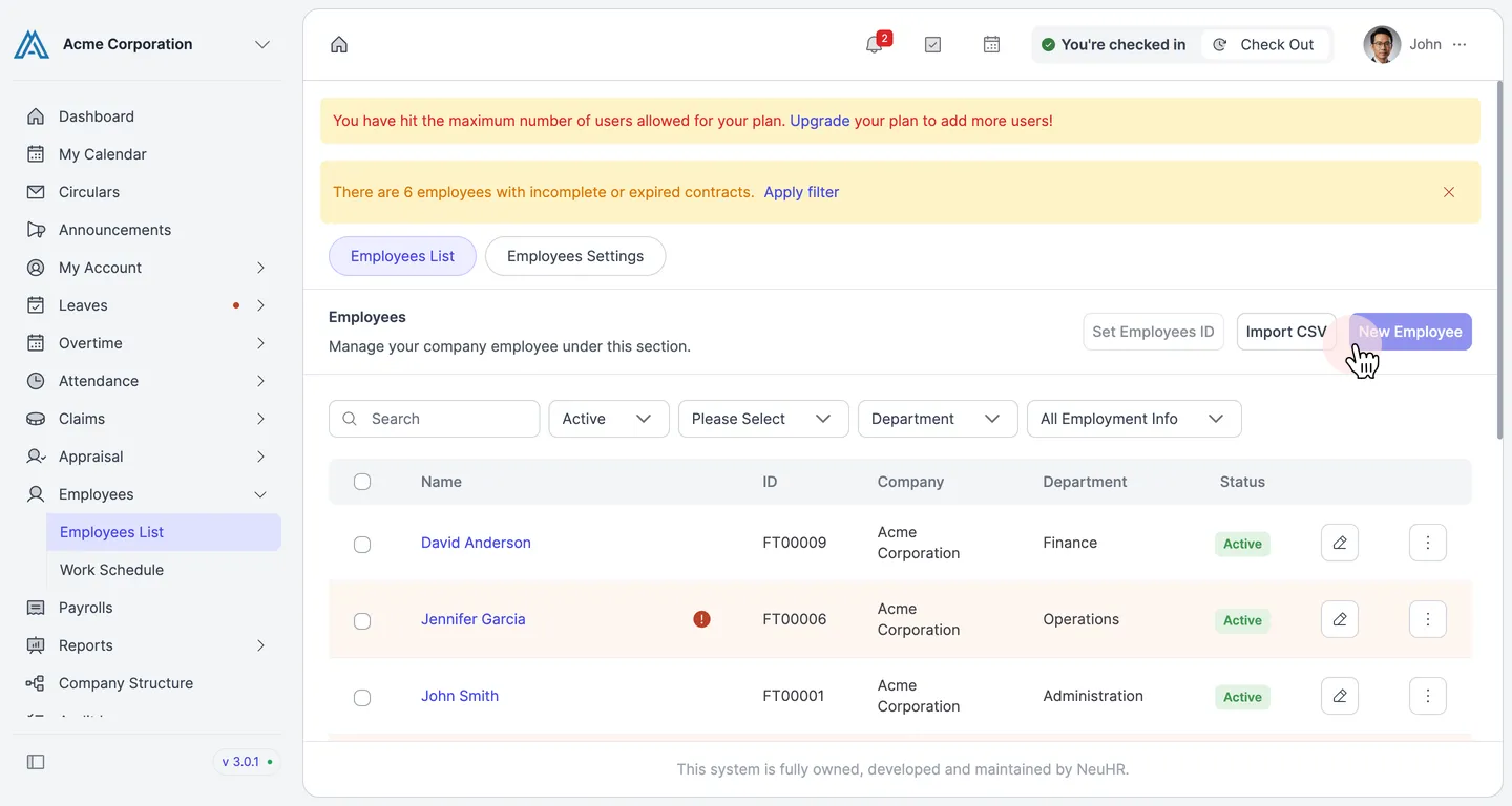 Employees List page with Import CSV button highlighted
