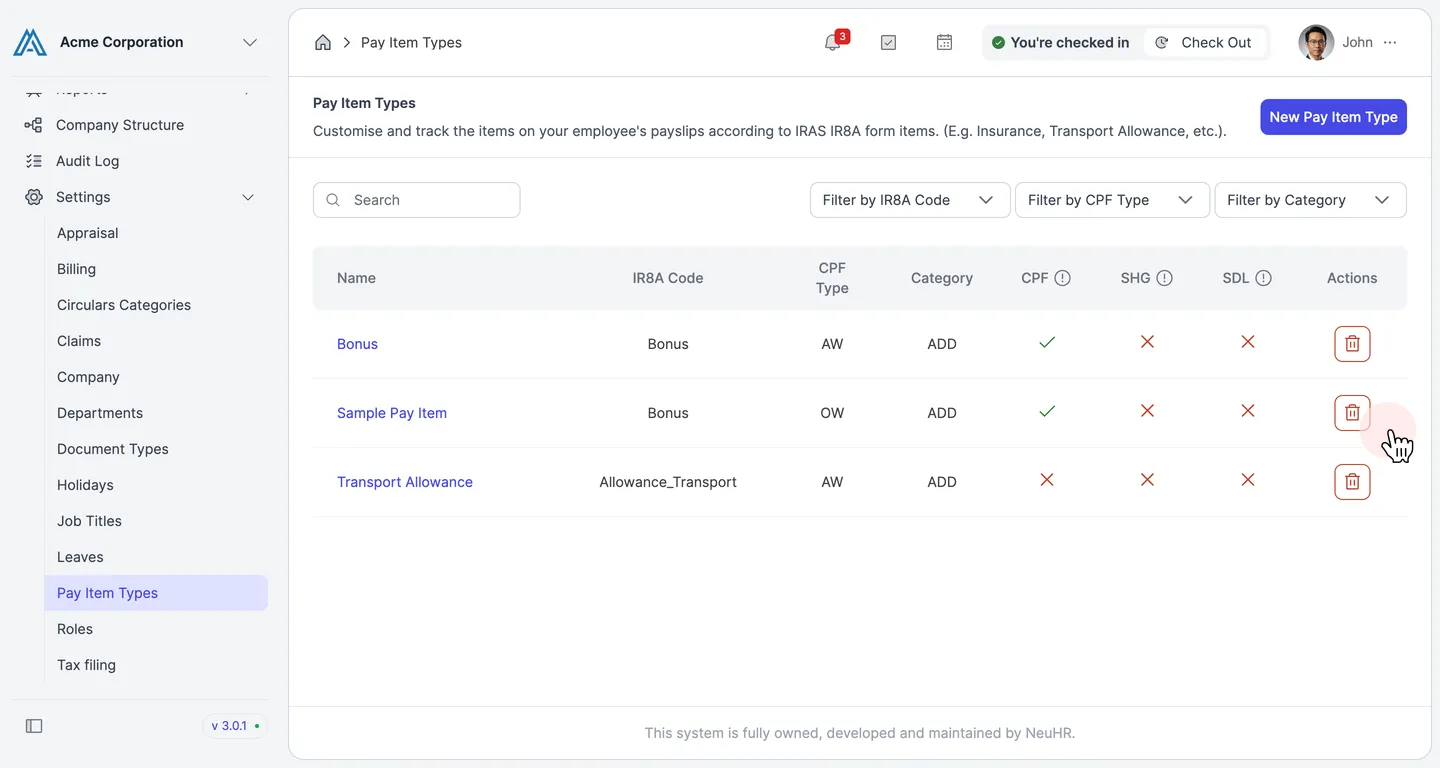 The Pay Item Types list with the delete icon highlighted for Sample Pay Item