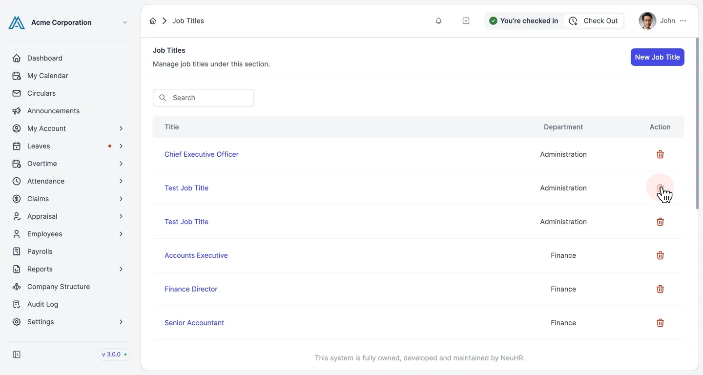 Job Titles listing with the trash icon button highlighted