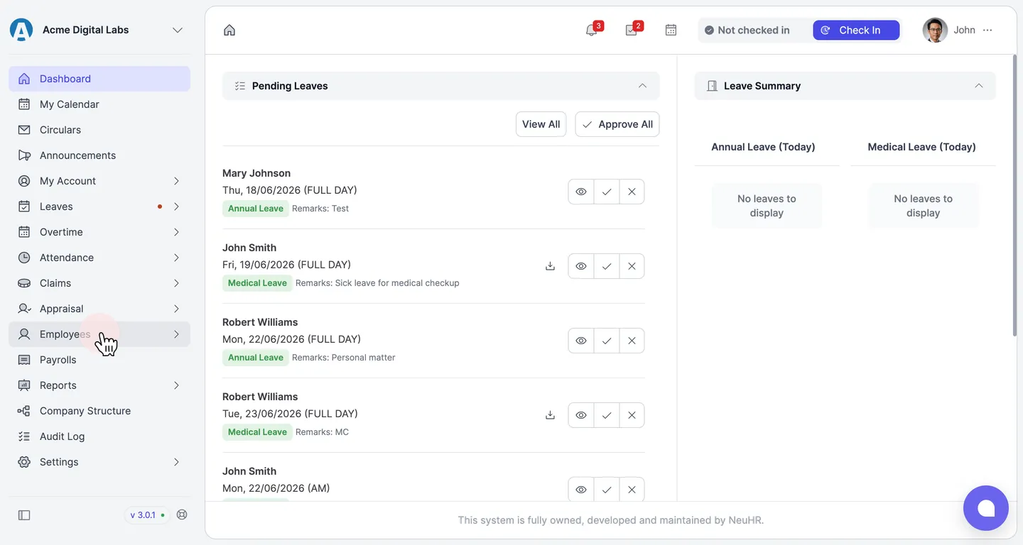 Employees menu in the sidebar