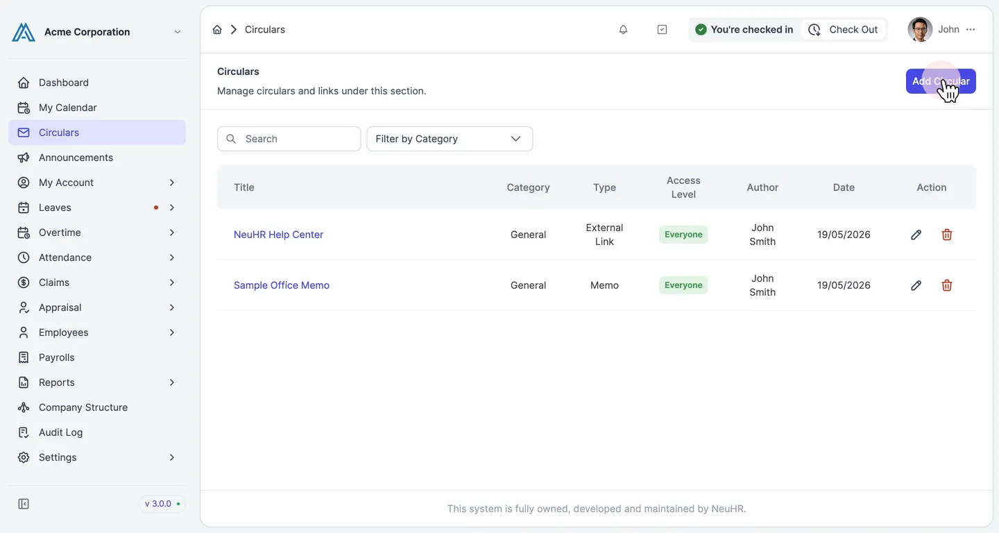 Circulars listing page with Add Circular button