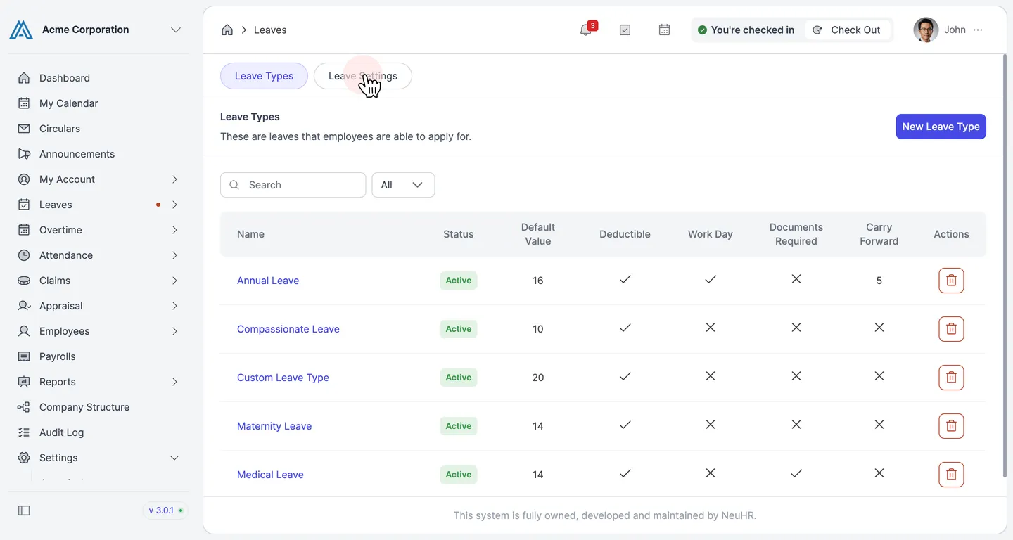 The Leaves page with the Leave Settings tab highlighted