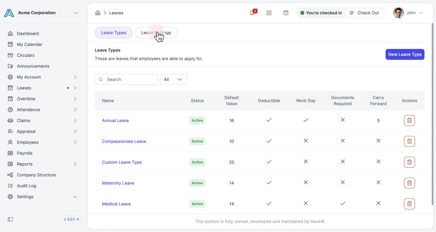 Leaves page with pointer on the Leave Settings tab