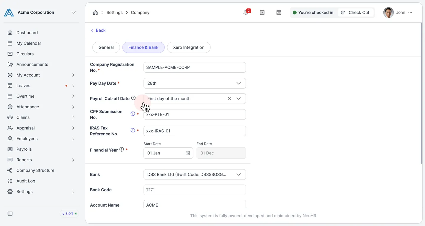 Finance & Bank tab showing Payroll Cut-off Date set to "First day of the month"