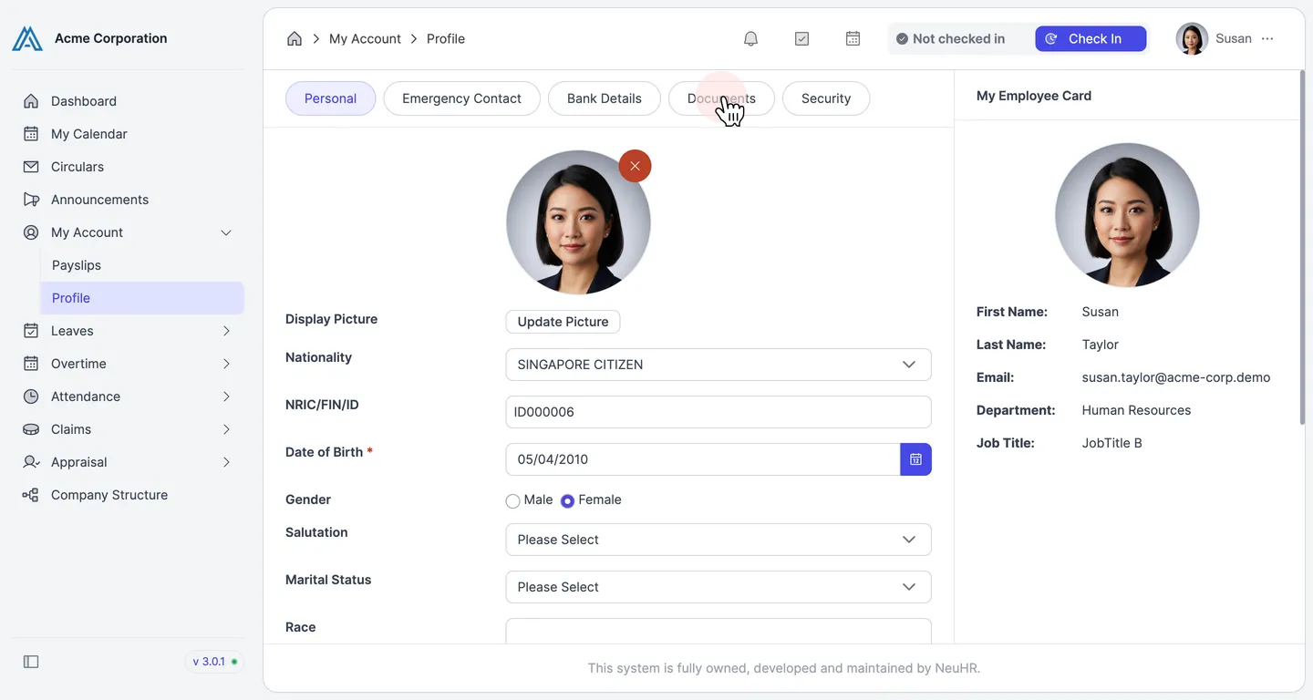 Click the Documents tab on the Profile page