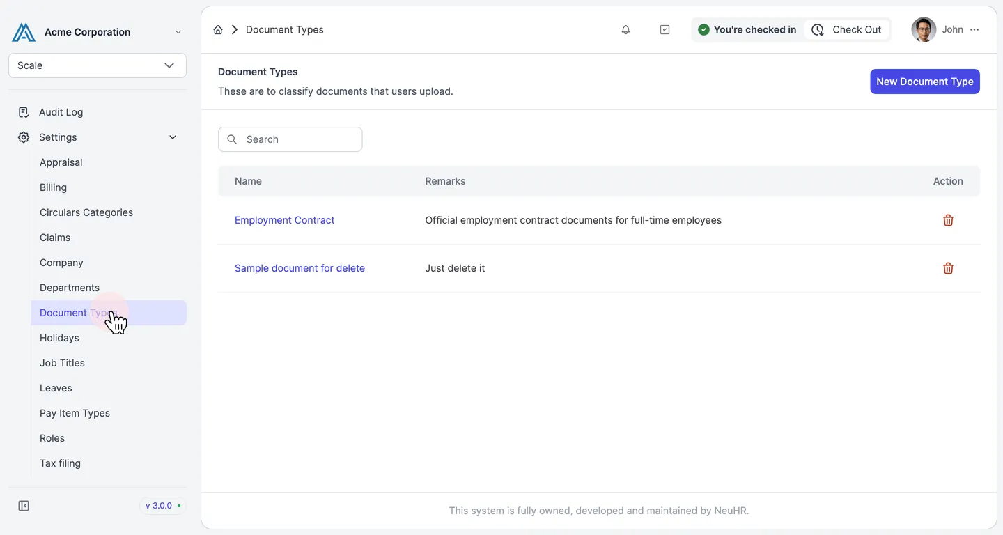 Sidebar with Settings expanded showing Document Types