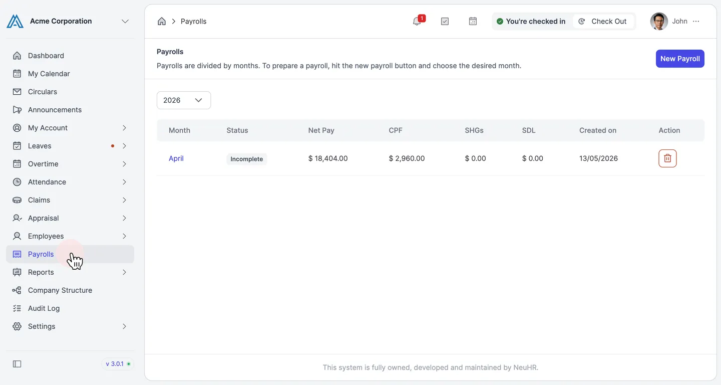 Click Payrolls in the sidebar