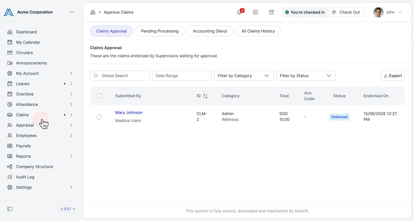 Click Claims then Approve Claims in the sidebar
