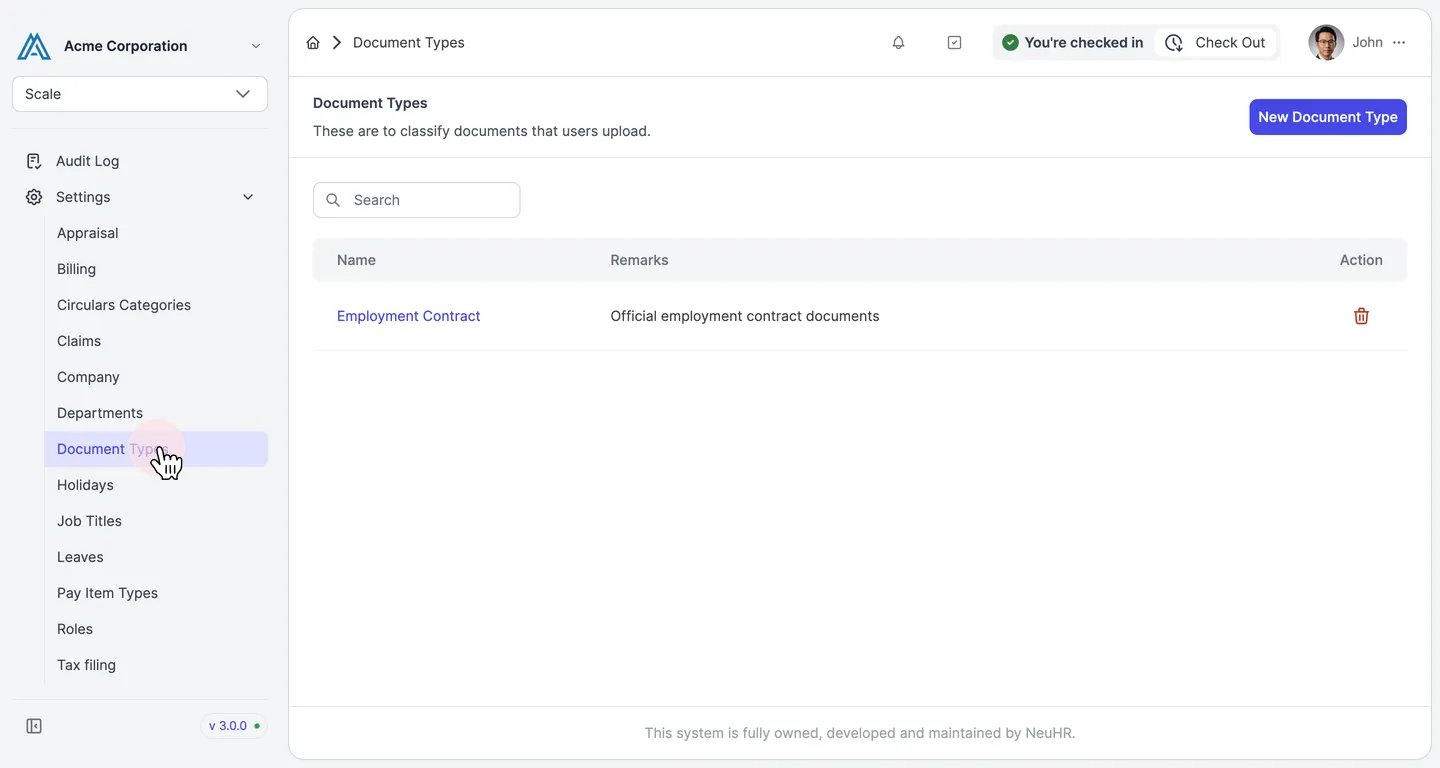 Sidebar with Settings expanded showing Document Types