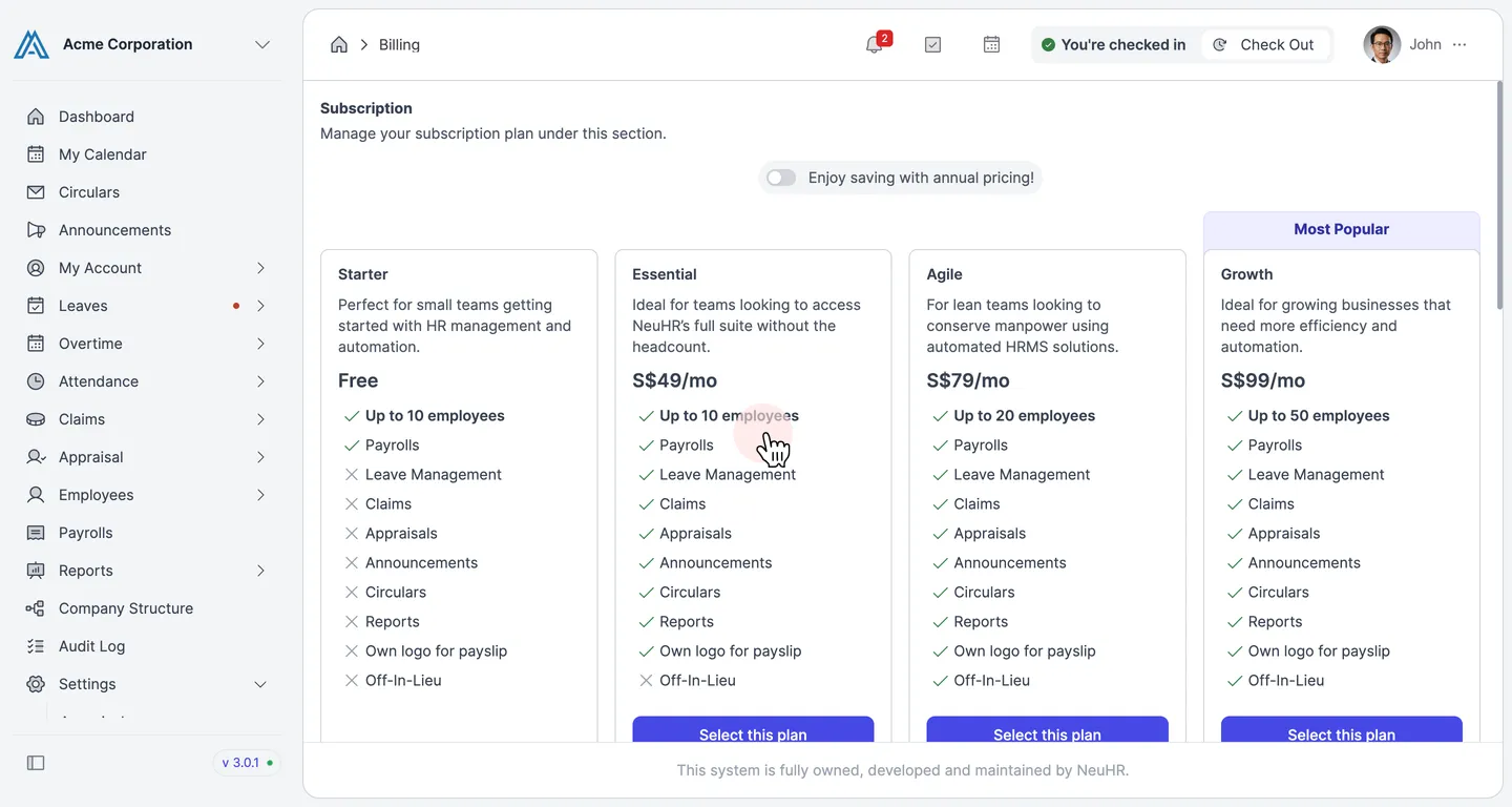 Billing page showing Starter, Essential, Agile, and Growth subscription plans with employee limits