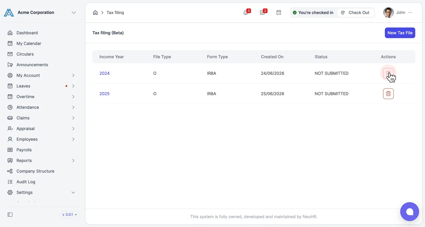 Tax filing page with delete icon for 2024