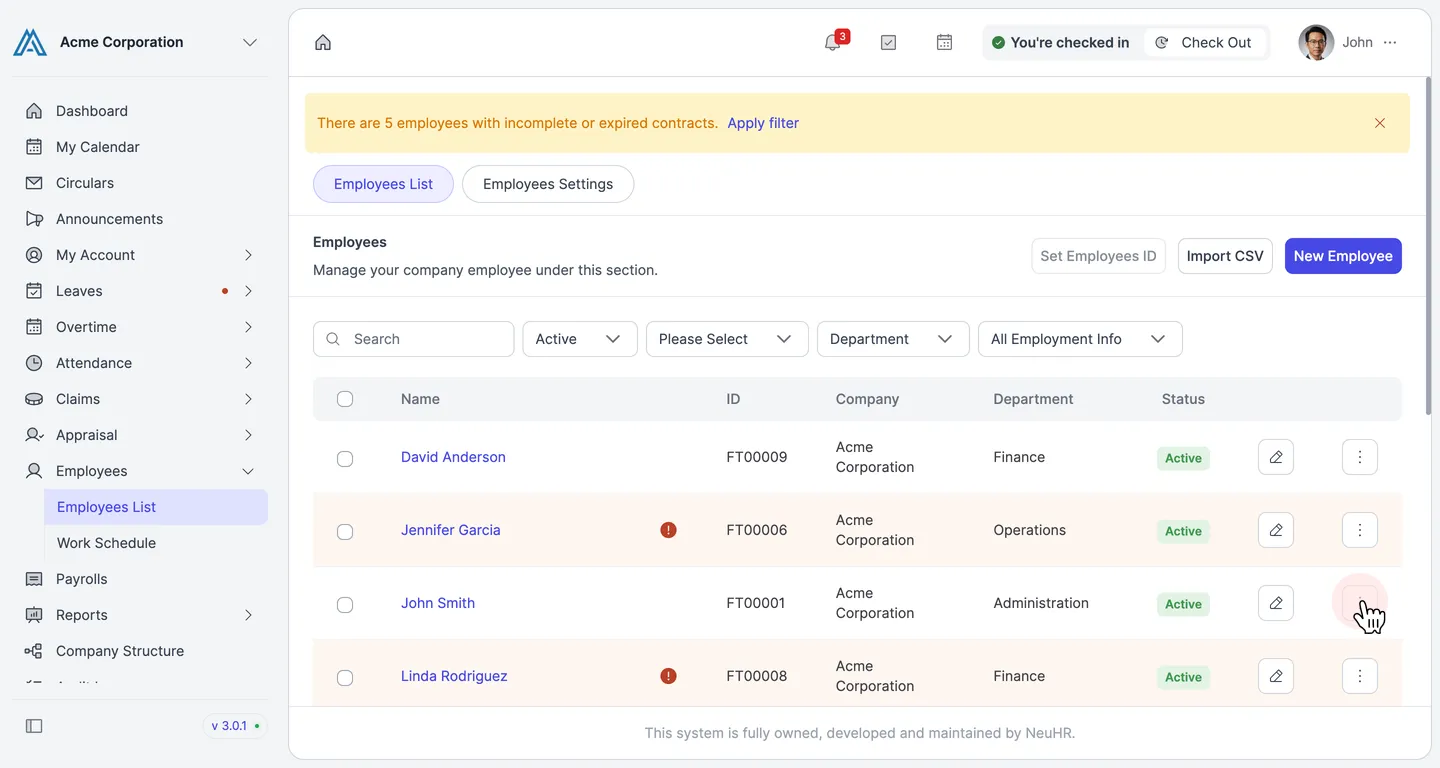 Employees List showing employee rows with action buttons