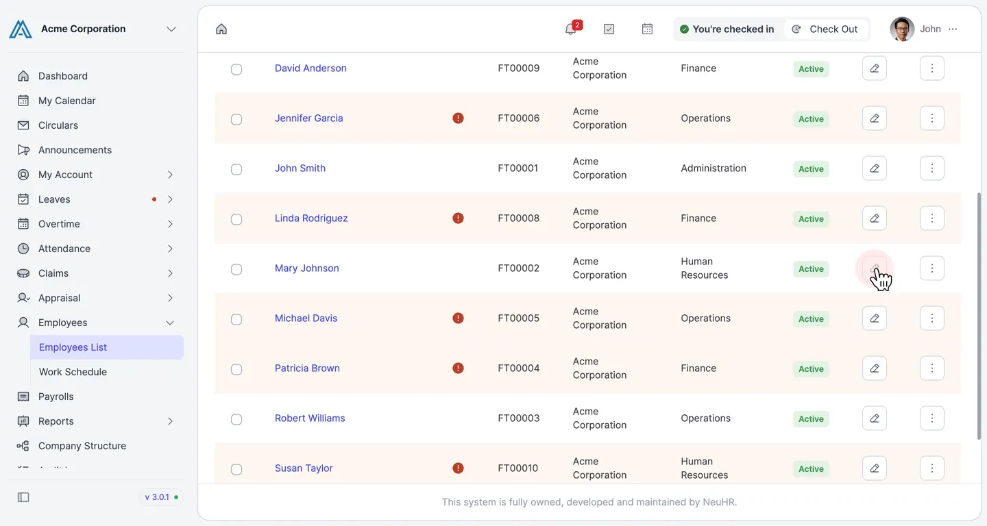 Employees List with pointer on Mary Johnson's edit icon