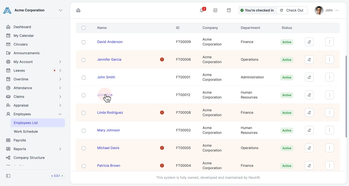 Employees List with pointer on John Doe's name link