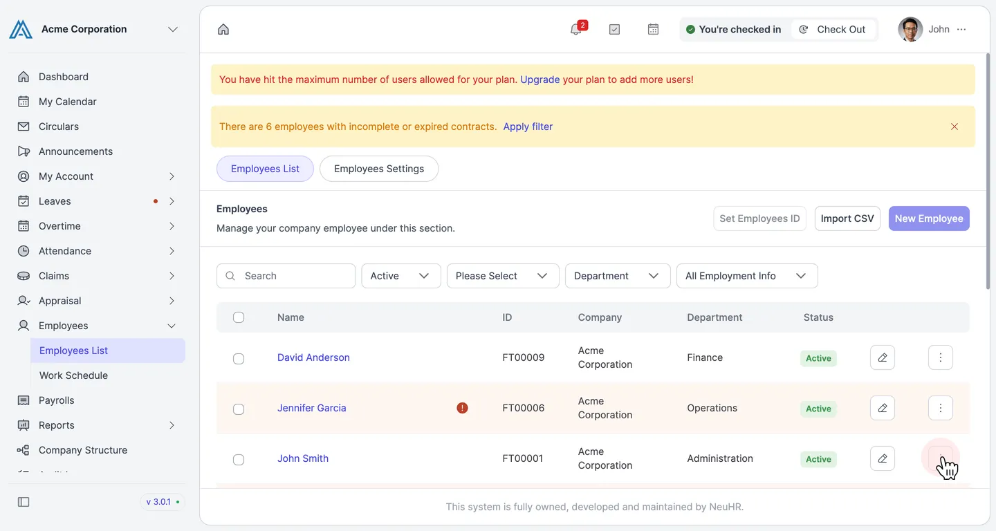 Employees List page showing a table of all employees with action buttons on each row