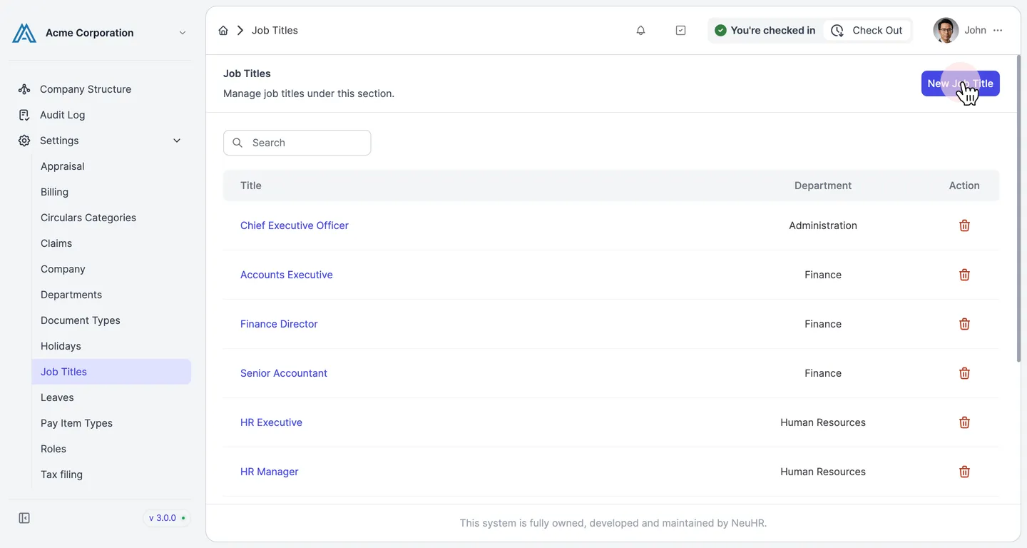 Job Titles listing page with New Job Title button highlighted