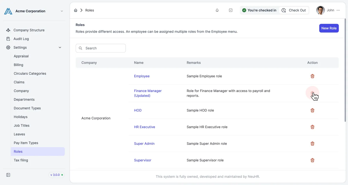 Roles listing with trash icon in Action column