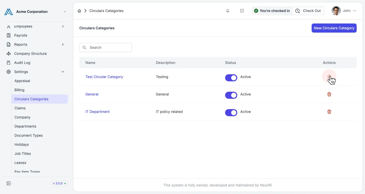 Circulars Categories listing with trash icon in Actions column