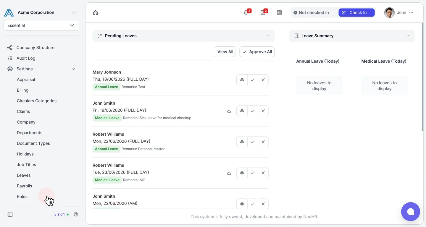 Settings menu expanded with Roles in the sidebar