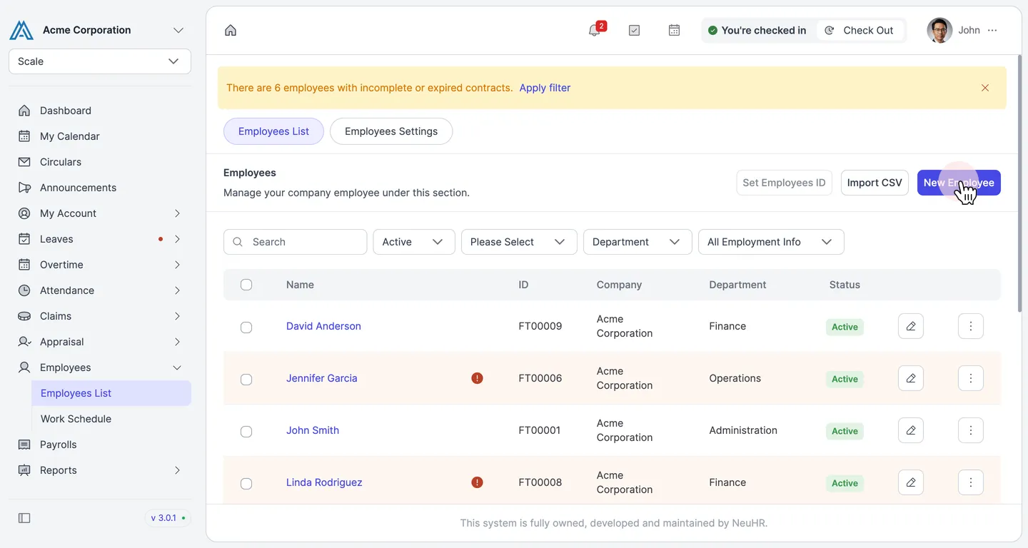Employees List page with New Employee button highlighted