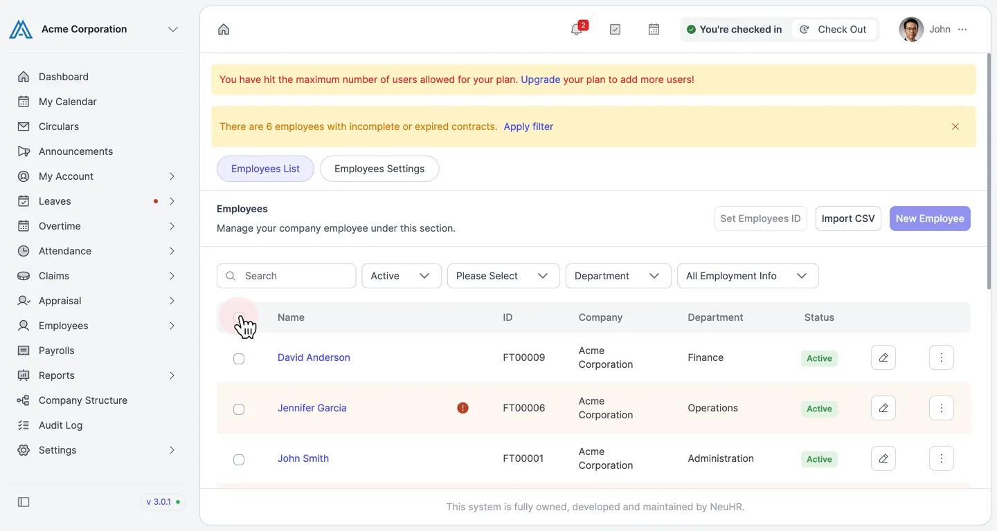 Employees List showing checkboxes on each employee row