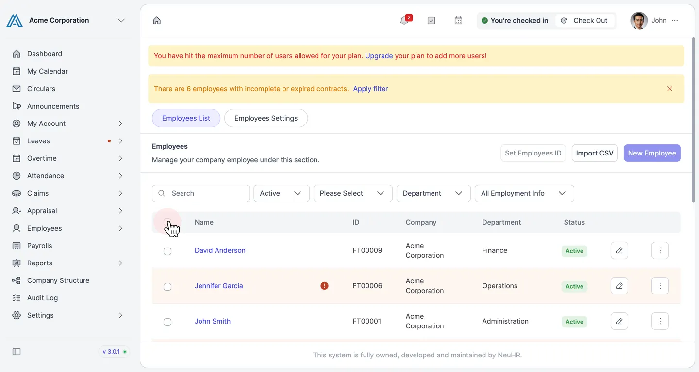 Employees List showing checkboxes on each employee row