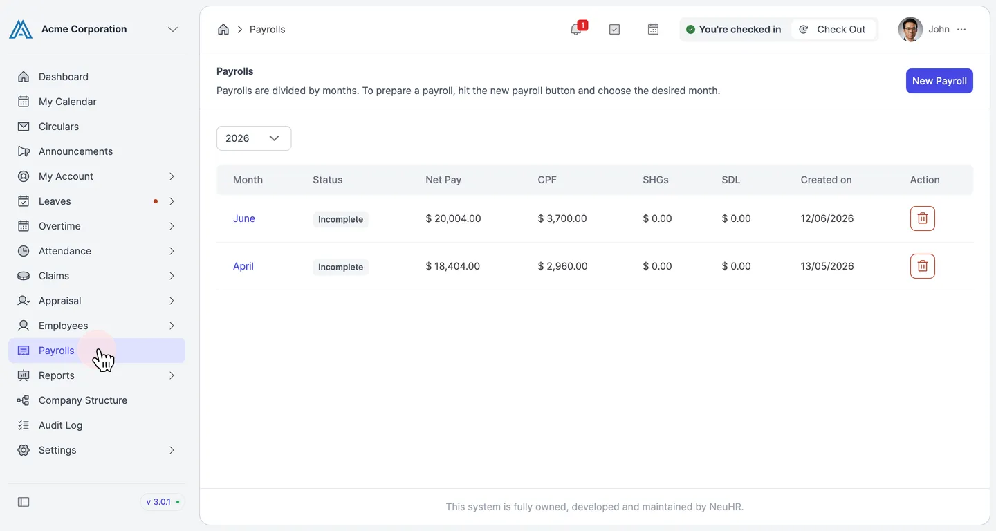 Click Payrolls in the sidebar
